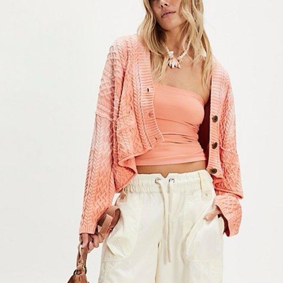 Free People Sweaters - NWOT! Free People Washed Ashore Cable Knit Cardigan Pink Cloud Combo Medium